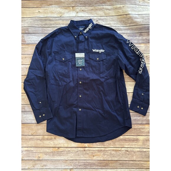 NEW Wrangler Shirt Vintage Blue Shirt Cowboy Button L Spell Out Logo MP2327N - Picture 1 of 10